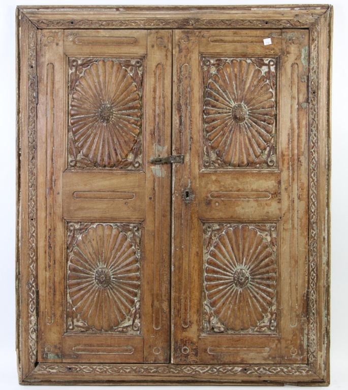 ANTIQUE MOROCCAN CARVED WOOD FRAME 2 DOOR WINDOW COVER: ANTIQUE MOROCCAN CARVED WOOD FRAME 2 DOOR WINDOW COVER. Height: 42 in. by Width: 35 in. by Depth: 2 in.