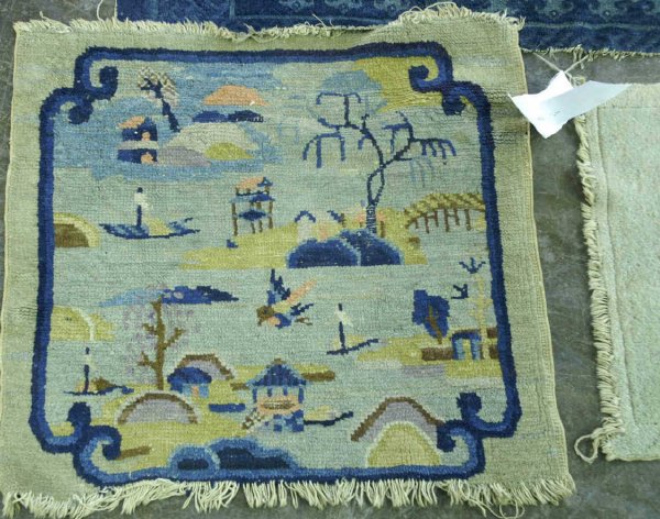 FOUR SMALL AREA RUGS. 3 BLUE & WHITE, 1 RED RUG - 3