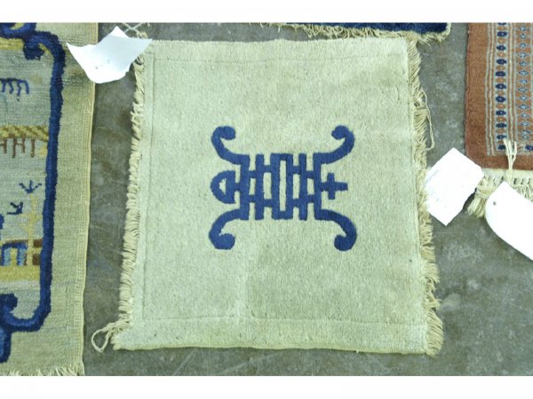 FOUR SMALL AREA RUGS. 3 BLUE & WHITE, 1 RED RUG - 4