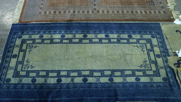 FOUR SMALL AREA RUGS. 3 BLUE & WHITE, 1 RED RUG - 6