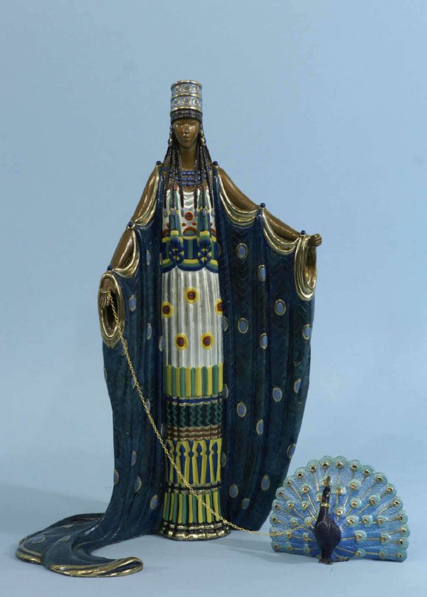 ERTE' BRONZE STATUETTE OF HERA WALKING A PEACOCK