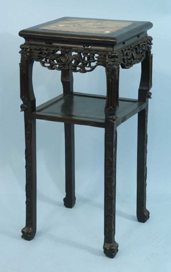 ANTIQUE CHINESE CARVED STAND WITH MARBLE INSET