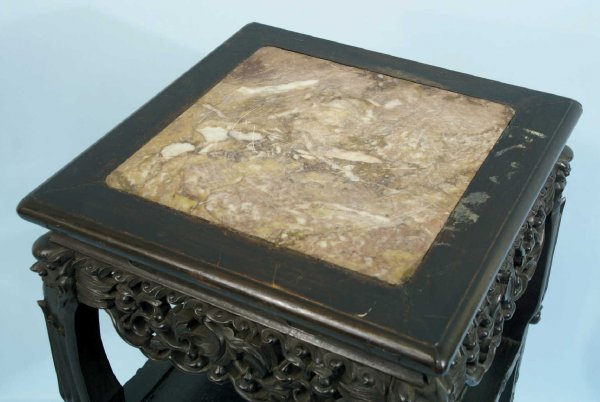 ANTIQUE CHINESE CARVED STAND WITH MARBLE INSET - 5