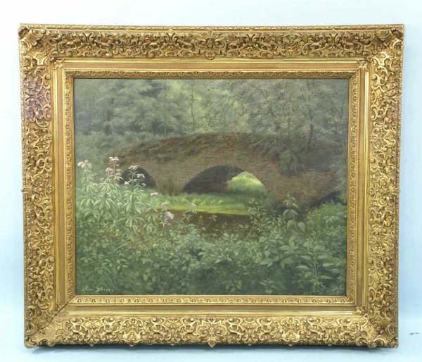 OIL ON CANVAS OF MOSS COVERED BRIDGE