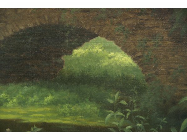 OIL ON CANVAS OF MOSS COVERED BRIDGE - 6