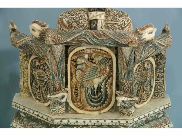 PAIR OF CARVED BONE MANDARIN SEATED LORD AND LADY - 10