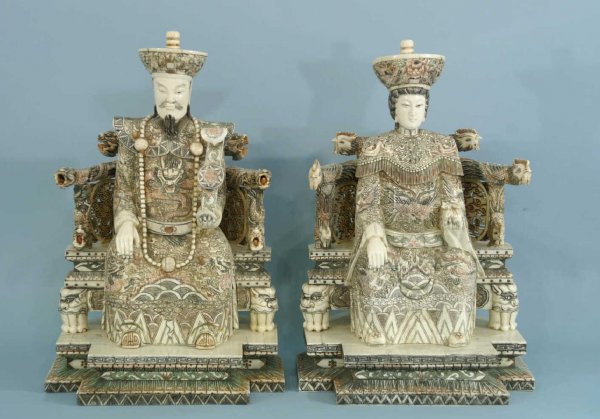 PAIR OF CARVED BONE MANDARIN SEATED LORD AND LADY