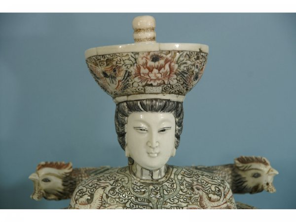 PAIR OF CARVED BONE MANDARIN SEATED LORD AND LADY - 2