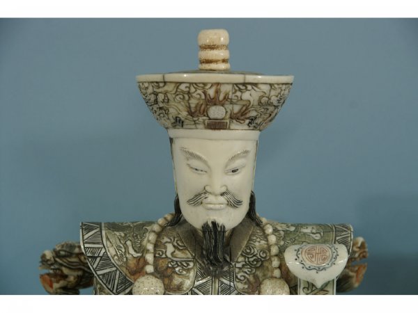 PAIR OF CARVED BONE MANDARIN SEATED LORD AND LADY - 3