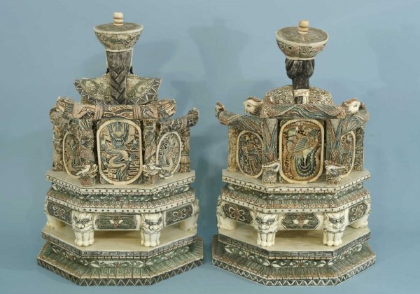 PAIR OF CARVED BONE MANDARIN SEATED LORD AND LADY - 8