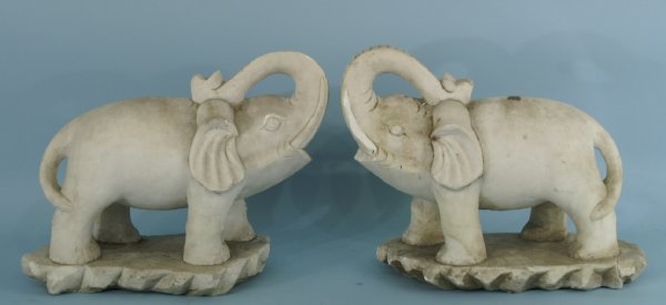PAIR OF ANTIQUE WHITE MARBLE ELEPHANTS