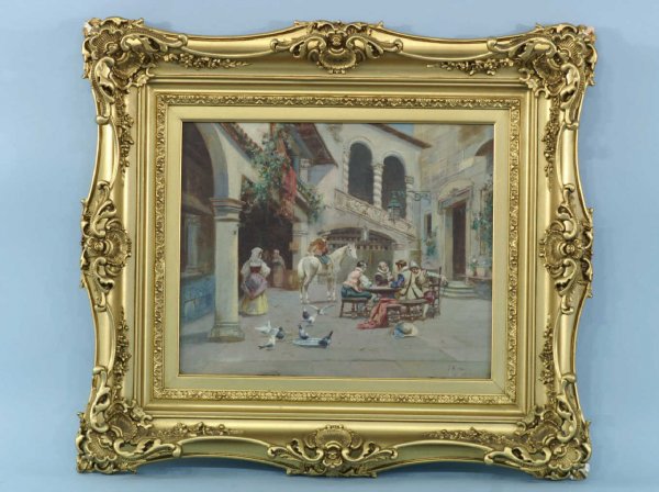 FRAMED OIL ON CANVAS OF SOLDIERS AT GAME