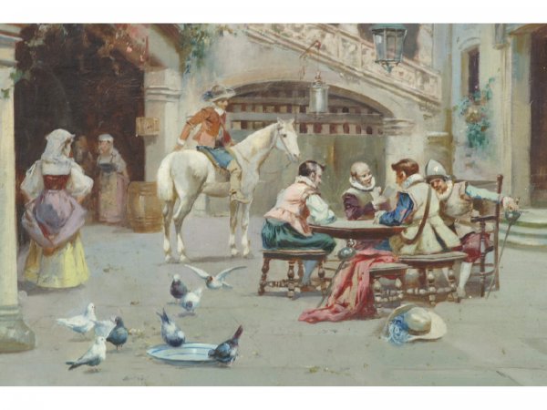 FRAMED OIL ON CANVAS OF SOLDIERS AT GAME - 2
