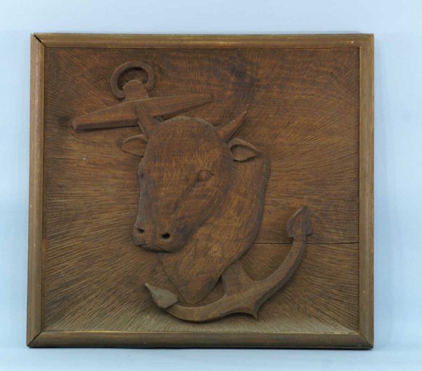 FOLK ART CARVED WOOD ANCHOR WITH STEER PUB SIGN