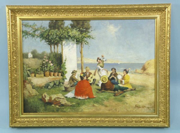 FRAMED OIL ON CANVAS OF SEASIDE PARTY SCENE