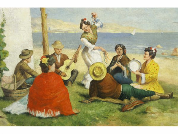 FRAMED OIL ON CANVAS OF SEASIDE PARTY SCENE - 2
