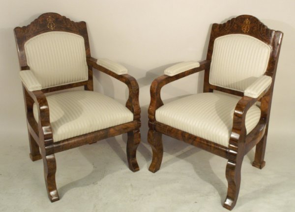 PAIR OF BIEDERMEIER RUSSIAN ARMCHAIRS WITH INLAY