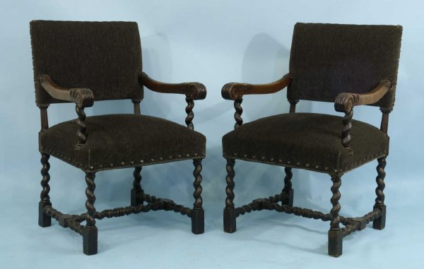 PAIR OF ANTIQUE BARLEY TWIST AND MOHAIR ARMCHAIRS