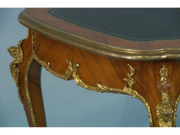 BURLED WOOD AND GILT ACCENT FRENCH WRITING TABLE - 7