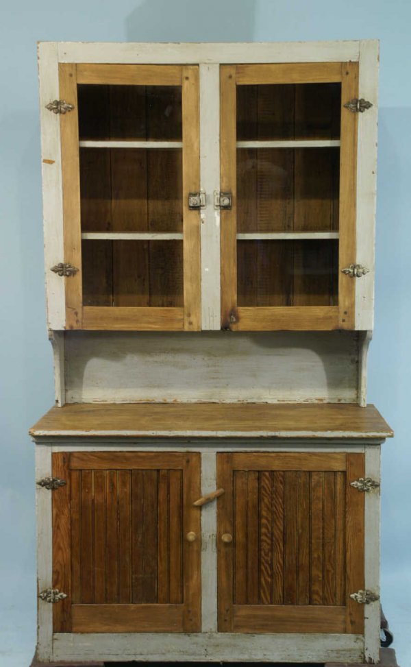 TWO-PIECE ANTIQUE PAINTED HUTCH WITH GLASS DOORS