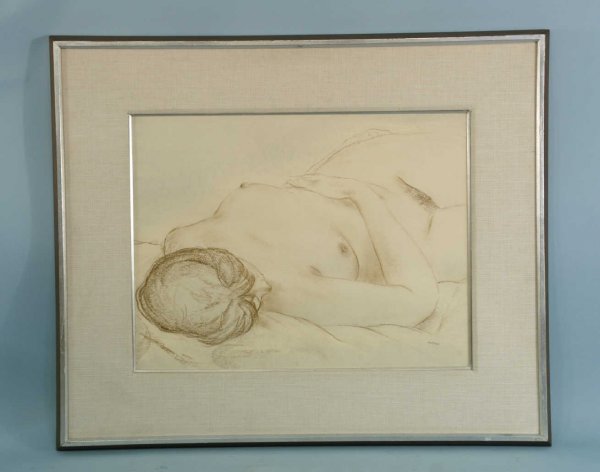 FRAMED AND MATTED DRAWING OF NUDE WOMAN