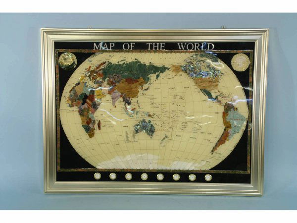 FRAMED INLAID STONE MAP OF THE WORLD: FRAMED INLAID STONE MAP OF THE WORLD WITH EIGHT CLOCKS. Height: 26 in. by Width: 34 in. by Depth: 1 in.