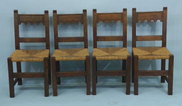 FOUR COUNTRY CHAIRS WITH RUSH SEATS