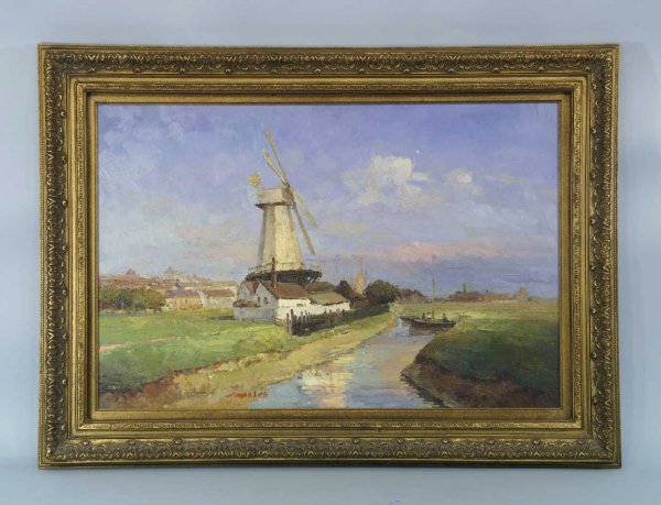 FRAMED OIL ON CANVAS OF A WINDMILL
