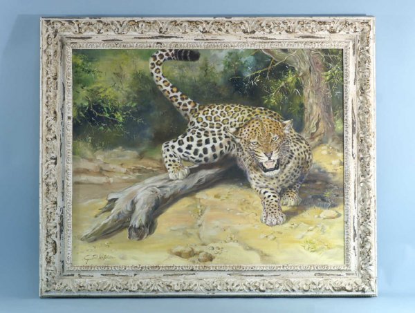 FRAMED OIL ON CANVAS OF LARGE CAT