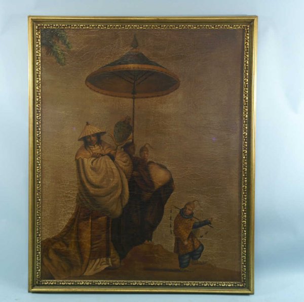FRAMED OIL ON BOARD OF ORIENTALS UNDER A PARASOL