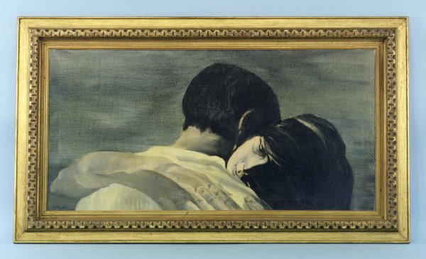 FRAMED OIL ON CANVAS OF COUPLE EMBRACED