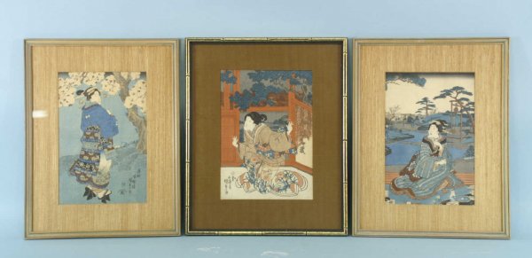 THREE FRAMED AND MATTED ORIENTAL BLOCK PRINTS