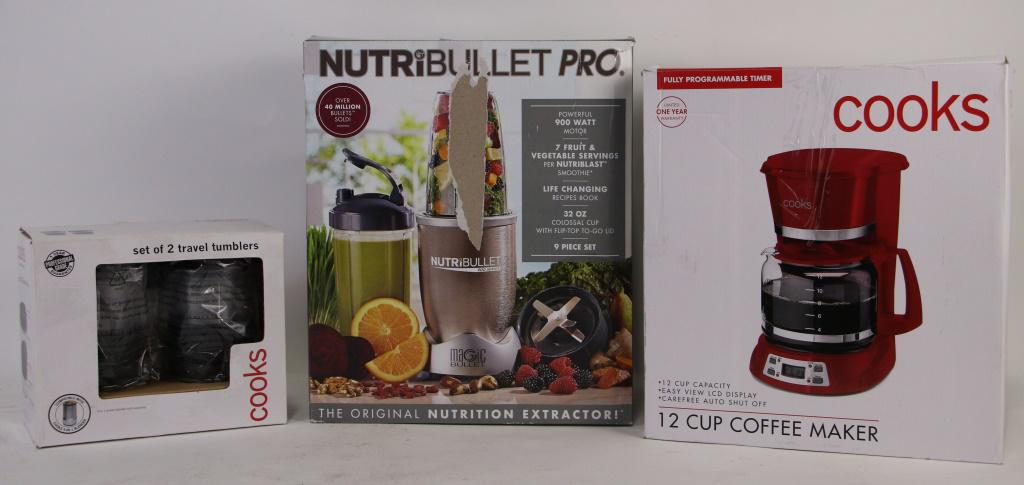 THREE PIECE KITCHEN APPLIANCE SET: THREE PIECE KITCHEN APPLIANCE SET. NUTRIBULLET PRO, COFFEE MAKER & SET OF TUMBLERS. Height: 14 in. by Width: 12 in. by Depth: 7 in.