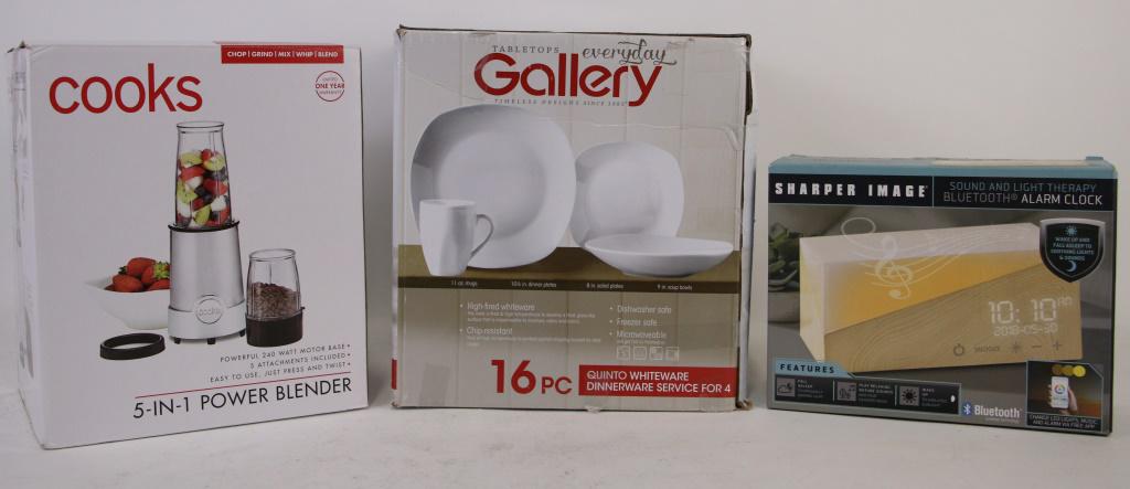 POWER BLENDER, DINNERWARE SET & ALARM CLOCK: POWER BLENDER, DINNERWARE SET & ALARM CLOCK. Height: 11 in. by Width: 9 in. by Depth: 7 in.