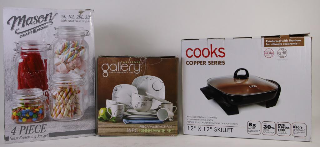 CHINA SET, MASON JAR SET & SKILLET: CHINA SET, MASON JAR SET & SKILLET. Height: 14 in. by Width: 17 in. by Depth: 6 in.