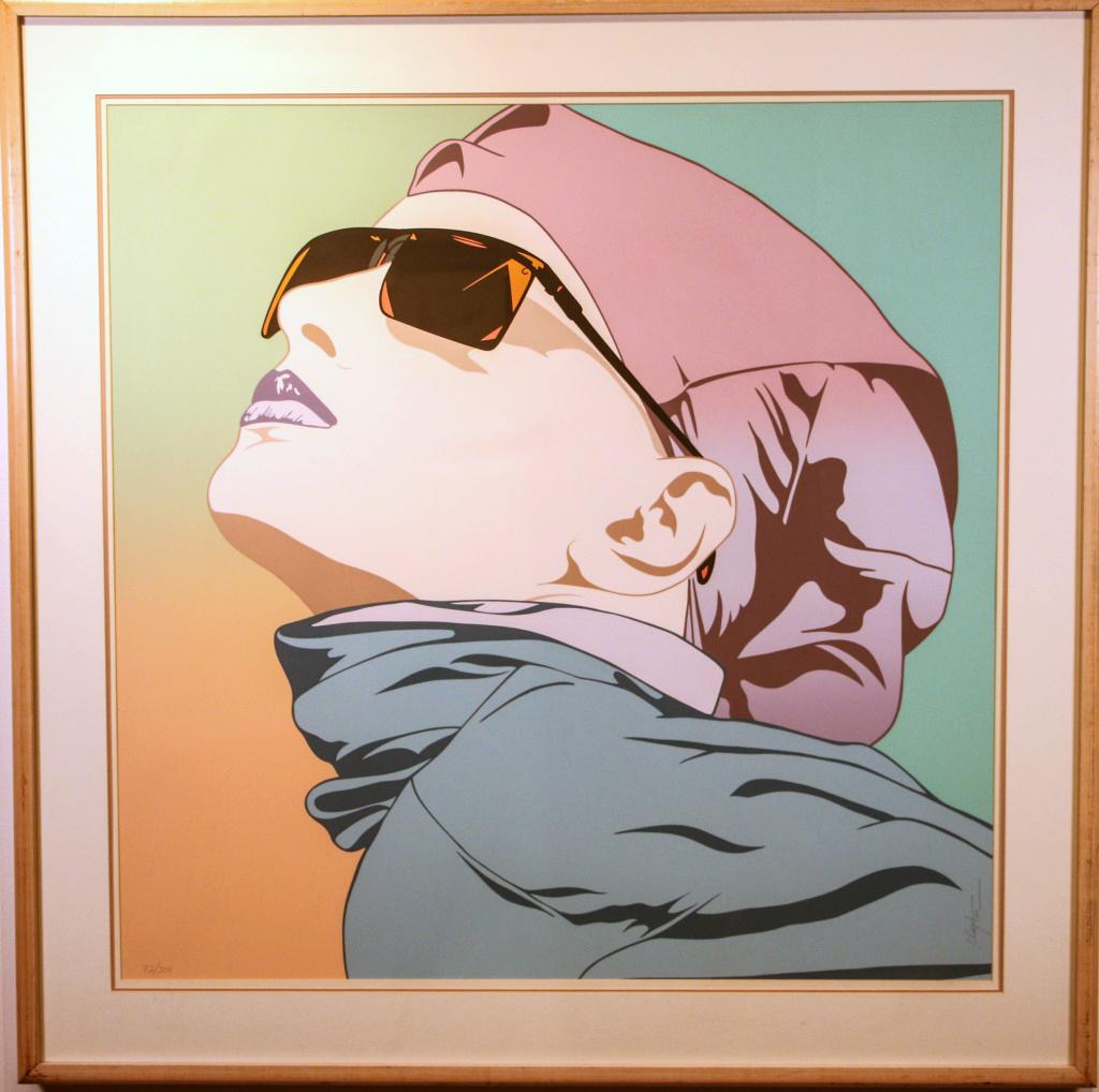 CLAYTON "LADY WITH SUNGLASSES" SIGNED PRINT: CLAYTON "LADY WITH SUNGLASSES" SIGNED PRINT 92/30 Height: 41 in. by Width: 41 in. by Depth: 2