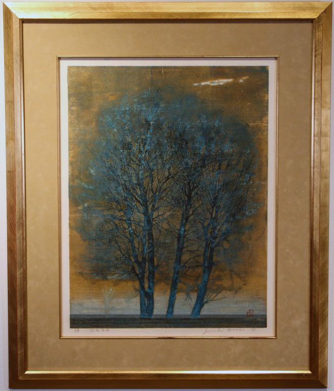 JOICHI HOSHI FRAMED "BLUE TREES" WOODBLOCK PRINT (1 of 4)