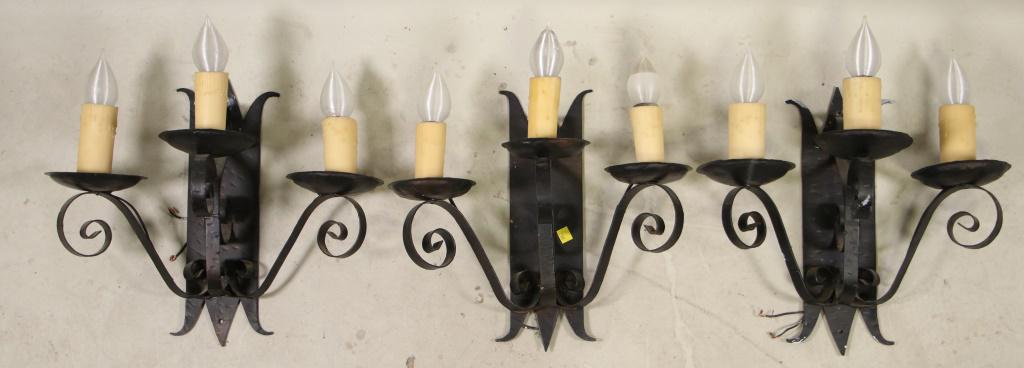 LOT OF THREE WROUGHT IRON WALL SCONCES: LOT OF THREE WROUGHT IRON WALL SCONCES Height: 18 in. by Width: 16 in. by Depth: 9 in.