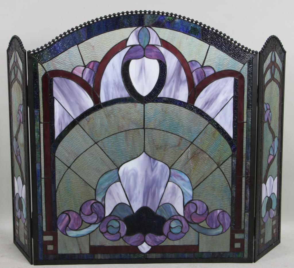 ANTIQUE THREE PANEL LEADED STAINED GLASS FIRE SCREEN: ANTIQUE THREE PANEL LEADED STAINED GLASS FIRE SCREEN. Height: 34 in. by Width: 31 in. by Depth: 11 in.