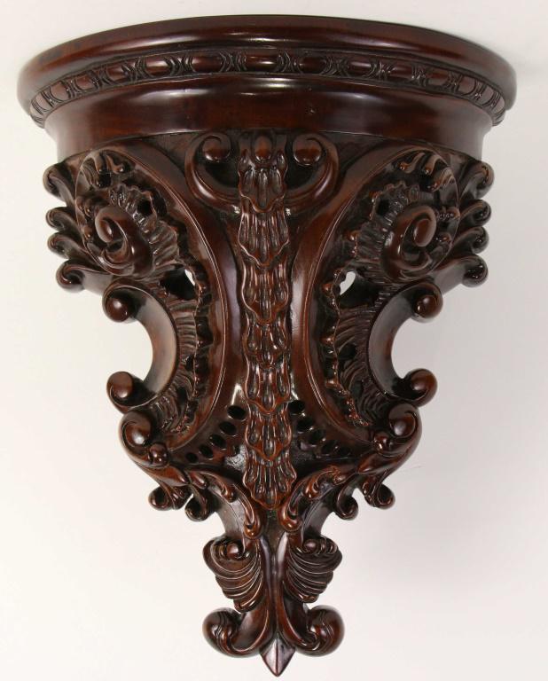BAROQUE WOOD CARVED WALL BRACKET: BAROQUE WOOD CARVED WALL BRACKET. Height: 16 in. by Width: 12 in. by Depth: 6 1/2 in.