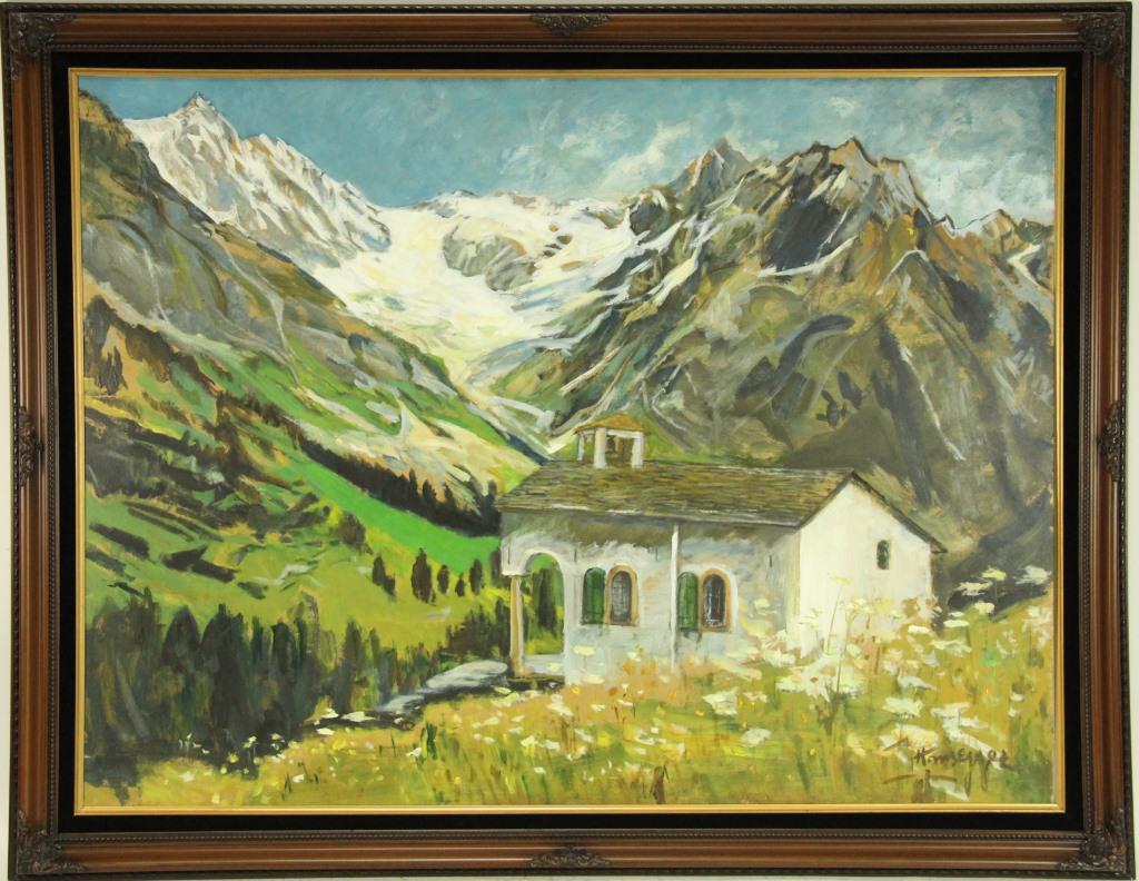 JOHN HANSEGGER "MOUNTAIN SCENE" OIL ON PANEL: JOHN HANSEGGER "MOUNTAIN SCENE" OIL ON PANEL. John Hansegger (1908-1989) Hansegger paints many landscapes with soft, blurry brush work. Height: 35 1/2 & 29 1/2 in. by Width: 45 1/2 & 39 1/2 in.