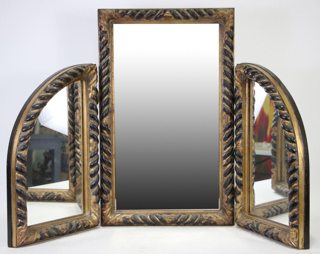 VINTAGE TRI FOLD TABLE TOP DRESSING MIRROR: VINTAGE TRI FOLD TABLE TOP DRESSING MIRROR. Height: 32 in. by Width: 24 in. by Depth: 17 in.