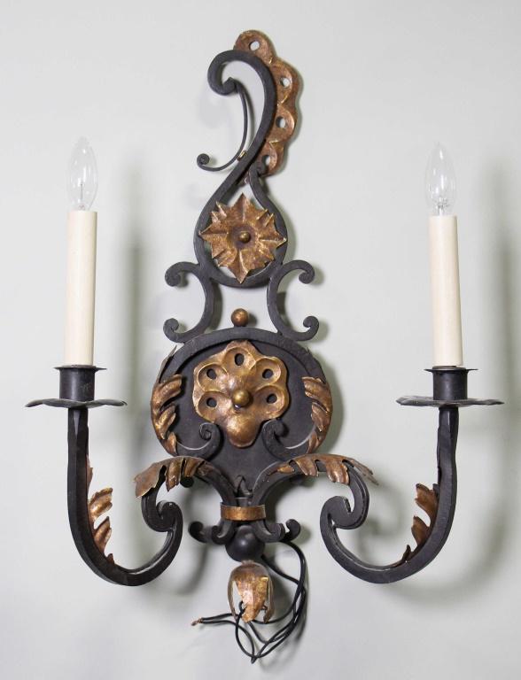 PAIR OF IRON & GILT TWO LIGHT WALL SCONCES: PAIR OF IRON & GILT TWO LIGHT WALL SCONCES. Height: 26 in. by Width: 18 in. by Depth: 8 in.