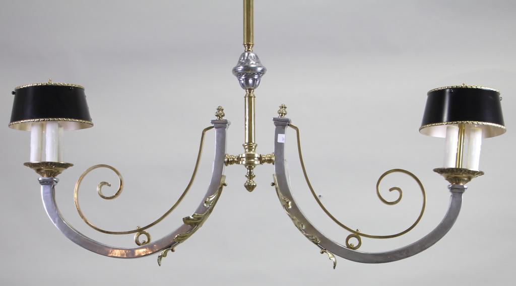 BRASS AND STEEL POOL TABLE LIGHT FIXTURE: BRASS AND STEEL POOL TABLE LIGHT FIXTURE. Height: 32 in. by Width: 44 in. by Depth: 8 in.