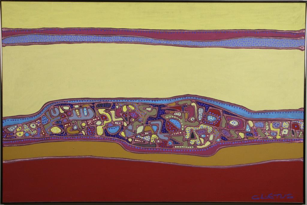 BROTHER CLETUS ABSTRACT PAINTING ON CANVAS: BROTHER CLETUS ABSTRACT PAINTING ON CANVAS. Height: 32 & in. by Width: 47 1/2 & in. by Depth: 1 1/2 in.