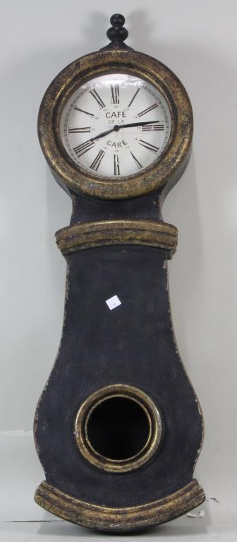 VINTAGE PAINTED CAFE DELA GARE WALL CLOCK: VINTAGE PAINTED CAFE DELA GARE WALL CLOCK Height: 34 in. by Width: 11 in. by Depth: 3