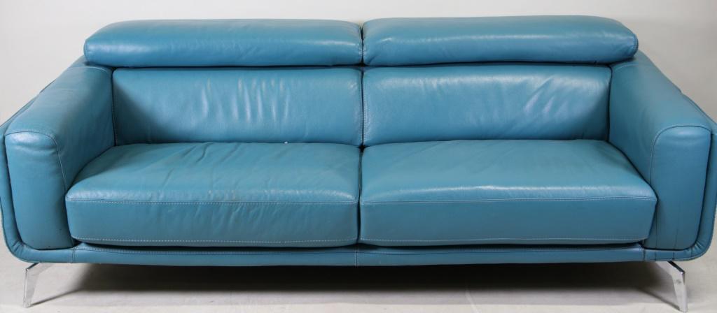 CONTEMPORARY BLUE LEATHER SOFA ON CHROME BASE (1 of 2)