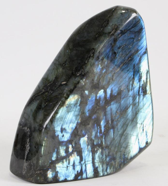 LABRADORITE SLICE: LABRADORITE SLICE WEIGHT. 11.4 LBS. 9"h x 7"w x 3"d.