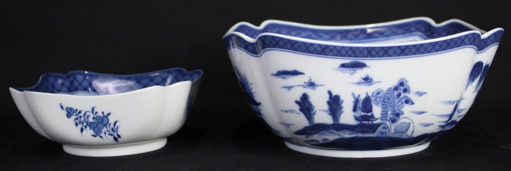 LOT OF TWO BLUE & WHITE MOTTAHEDEH BOWLS: LOT OF TWO BLUE & WHITE MOTTAHEDEH BOWLS. Height: 4 1/2 in. by Width: 10 1/2 in. by Depth: 10 1/2 in.