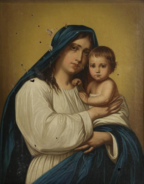 19th CENTURY MADONNA & CHILD PAINTING: 19th CENTURY MADONNA & CHILD PAINTING ON CANVAS. CANVAS HAS SEVERAL RIPS & TEARS. SOLD AS IS, Height: 30 1/2 & 19 in. by Width: 26 1/2 & 15 in.